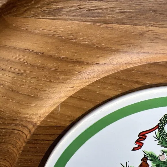 VTG Dolphin Christmas Tree Cheese Plate Board Teak Wood Tile ~12" Server Hot Dip - Picture 3 of 10